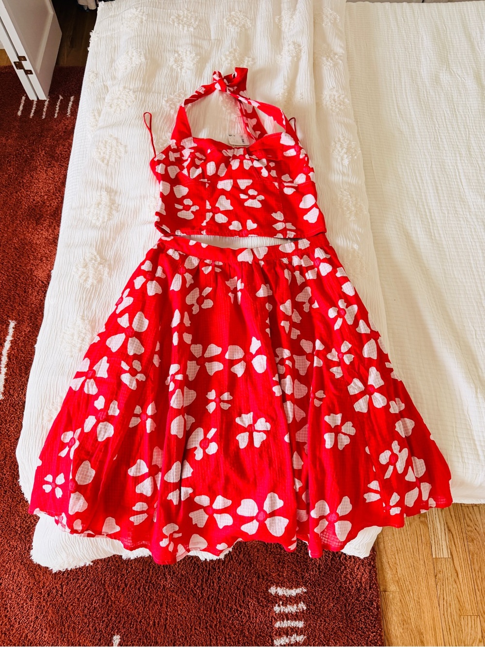 Free People Keepsake Red Floral Two Piece Set Crop Top Skirt Halter Co-Ord L
